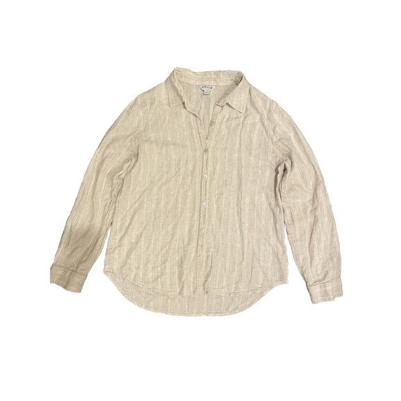 Orvis Top Womens Medium Button-Up Shirt Beige Long Sleeve Striped Linen Viscose - Picture 2 of 7